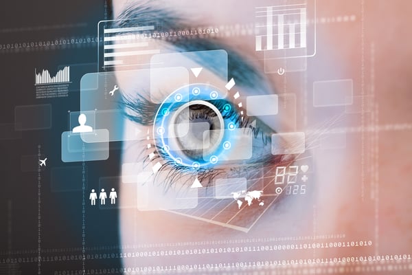 Future woman with cyber technology eye panel concept